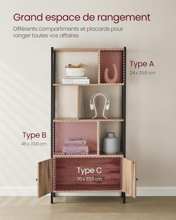 VASAGLE Étagère, Bibliothèque à 4 Niveaux, Meuble de Rangement, Placad, avec Portes, Grand, Cadre en Acier, pour Salon, Bureau, Chambre, Style Industriel, Marron Camel et Noir d'encre LBC022B50 – Image 5