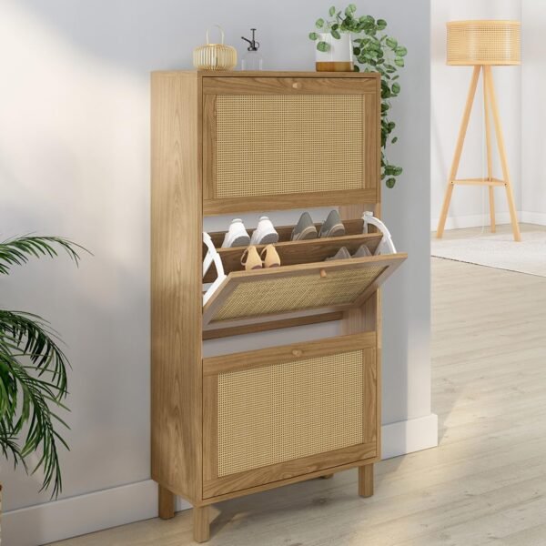 IDMarket - Meuble à chaussures 18 paires vintage HANAE 3 portes effet naturel cannage – Image 2