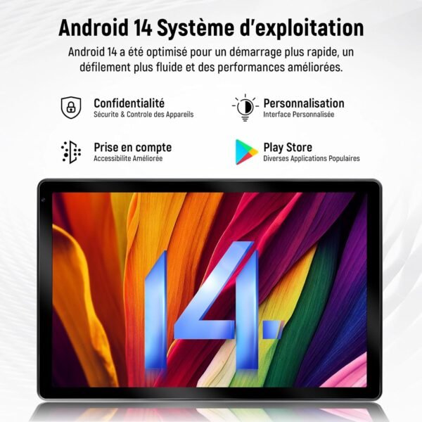 Yicty Tablette Android 14 avec Wi-FI 6 Octa-Core 14 GO RAM+128 GO ROM (Extensible Jusqu'à 1 to) Tablette Tactile avec Widevine L1 5000mAh 5MP+8MP Tablette 10 Pouces avec Clavier+Souris et Cas (Noir) – Image 4