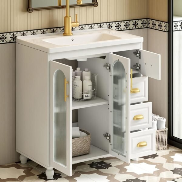 Meuble De Salle De Bain avec 4 Tiroirs Et 2 Porte Vitrée, Étagères Réglables, Meuble sous Vasque Simple 80 cm Vasque en Céramique, Poignée Dorée, Blanc – Image 3