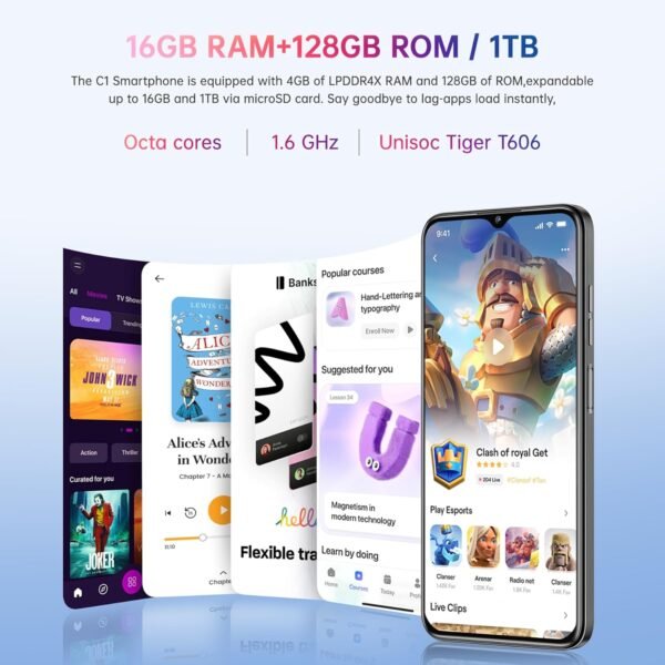 OUKITEL C1 Smartphone Pas Cher Android 15, 16(4+12)Go +128Go(TF 1TB) Telephone Portable Pas Cher, 6.52" HD+ Écran, 5150mAh Telephone, 13MP+5MP Téléphone Gaming, Triple 4G SIM/GPS/Fingerprint/OTG/3.5mm – Image 2