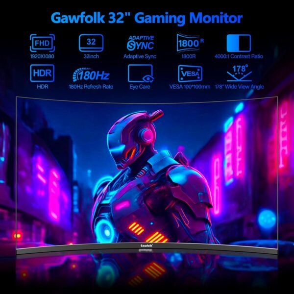 Gawfolk 32 Pouces Gaming Monitor Curved 180Hz, 144Hz PC écran Full HD 1080P, sans Cadre 1800R écran d'ordinateur incurvé avec FreeSync et la Technologie Eye Care, supporte VESA – Image 2
