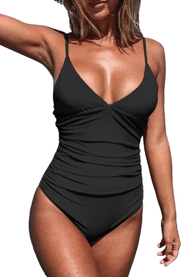 CUPSHE Maillot de Bain Une pièce pour Femme Col en V Profond Bretelles Spaghetti réglables Maillot de Bain froncé Devant Bas du Dos