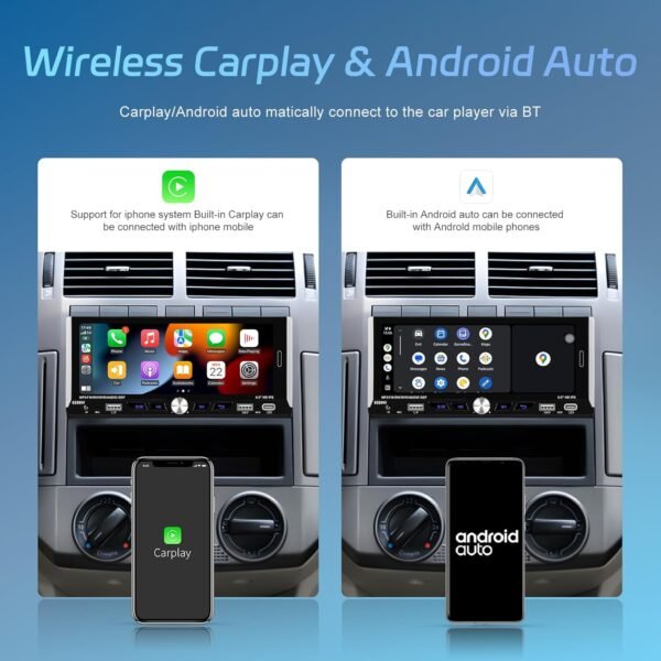 Hikity 1 Din Autoradio Wireless Carplay Android Auto Écran Tactile 6,9 Pouces Bluetooth Mains Libres Radio Voiture Single DIN avec Lien Miroir SWC FM EQ USB/AUX/Type-C, Caméra – Image 4
