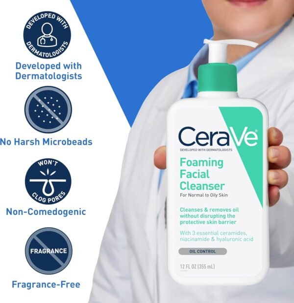 Cerave Nettoyant moussant de visage pour un lavage quotidien du visage Pour Peaux Normales à Grasses 453,6 g – Image 4