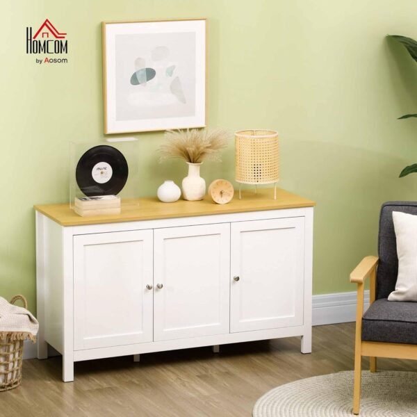 HOMCOM Buffet Meuble de Rangement avec 3 Portes 2 étagères réglables Plateau Aspect Bois Clair - 120 x 40 x 70 cm Blanc – Image 2