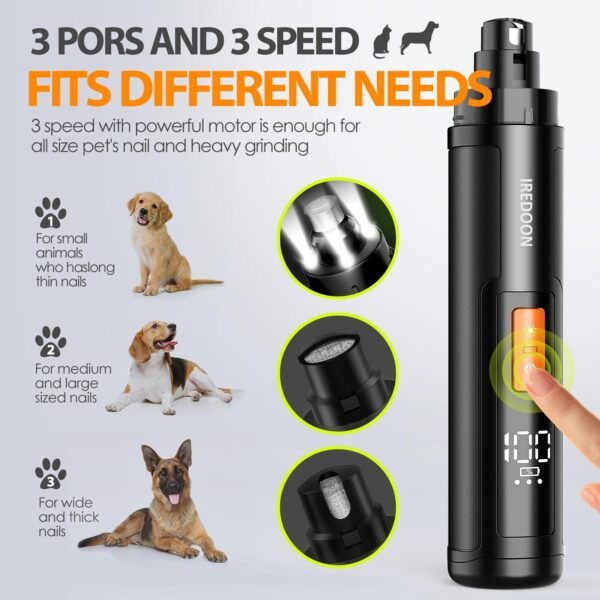IREDOON Lime à Ongles Chien, Coupe-Ongles électrique Rechargeable Professionnel à 3 Vitesses pour Animaux de Compagnie avec 4 lumières LED, Silencieux (40DB) avec Capuchon Anti-poussière (Noir) – Image 2