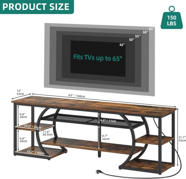 YITAHOME 160cm Meuble TV avec 2 AC & 2 Prises USB pour Les téléviseurs jusqu'à 70 Pouces avec 7 LED RVB 22 Modes Lumières Centre de Divertissement pour Le Salon et la Chambre Brown Rustique – Image 3