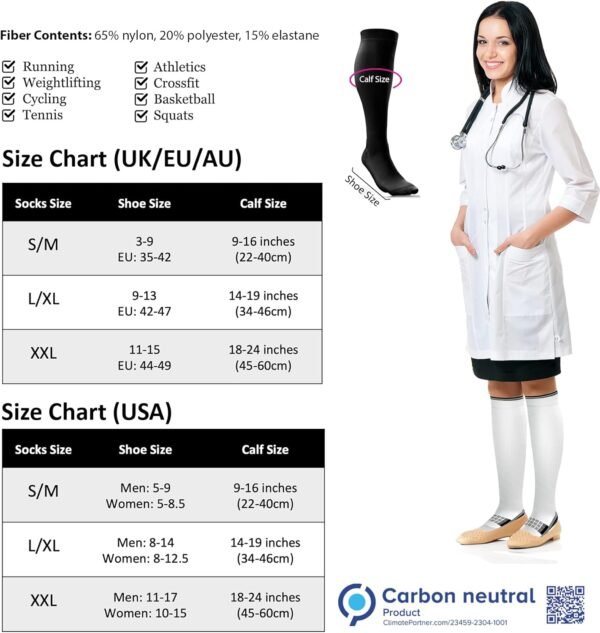 aZengear Chaussette de Compression Femme et Homme (20-30mmHg Classe 2) Bas de Contention Mollet Medical Sport Running de Vol Circulation, Jambes Enflées les Varices, Voyage en Avion – Image 3