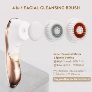 Alternative view of Brosse électrique pour le visage rechargeable IPX-7 étanche rotative pour exfolier, masser et nettoyer en profondeur avec 4 têtes de brosse