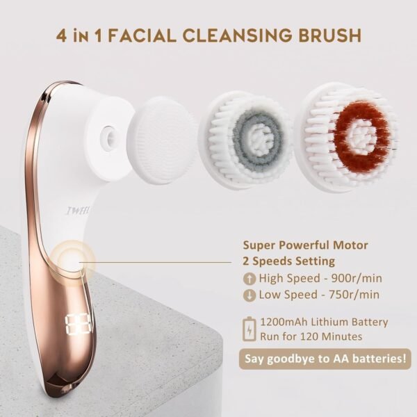 Brosse électrique pour le visage rechargeable IPX-7 étanche rotative pour exfolier, masser et nettoyer en profondeur avec 4 têtes de brosse – Image 2
