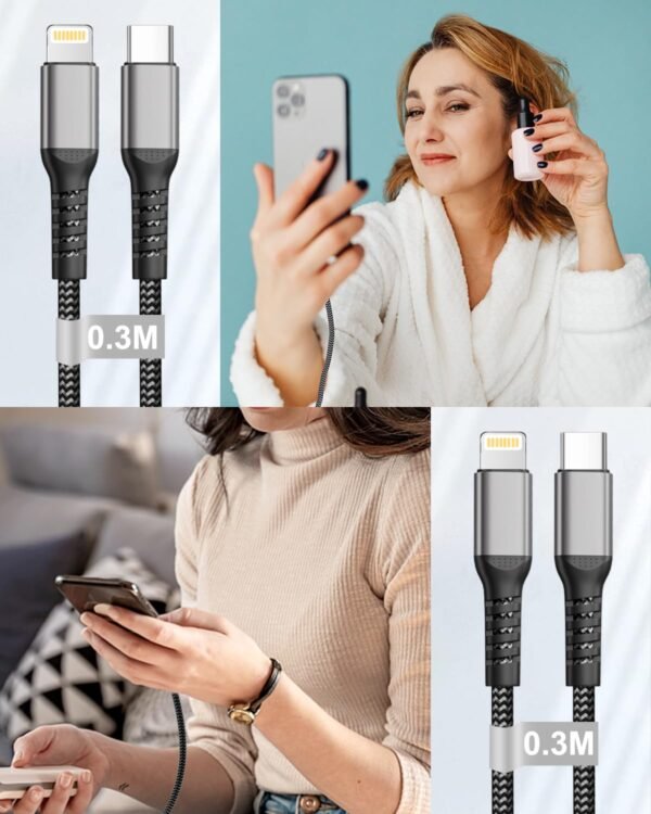 KINPEE Cable USB C vers Lightning 0.3M Lot de 2[Certifiés MFi], Cable Lightning USB C Charge Rapide Câble Chargeur iPhone Nylon Cordon iPhone Fil Chargeur pour iPhone 14/13/12/11/X/8, iPad, AirPods – Image 7
