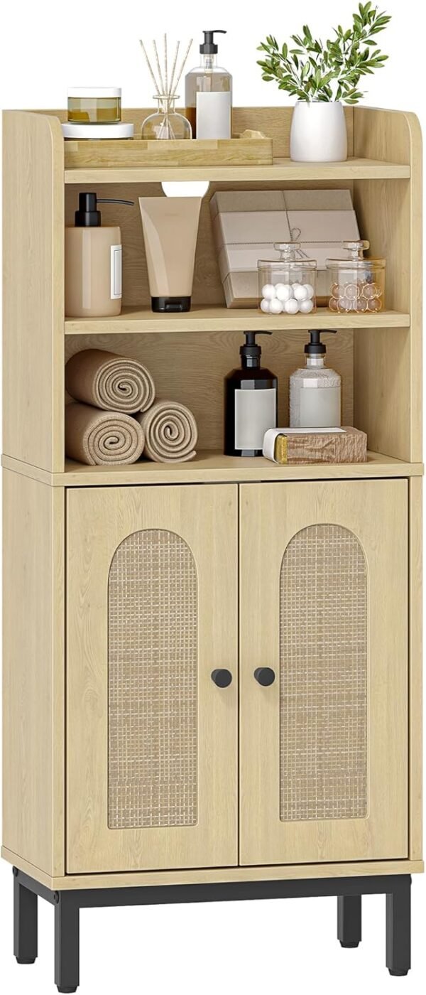 Hzuaneri Meuble de Salle de Bain, Armoire de Salle de Bain, Meuble de Rangement avec 2 Portes, avec Compartiment Ouvert, Étagères Réglables, 20 x 37 x 83 cm, Chêne Clair BC48202B – Image 9