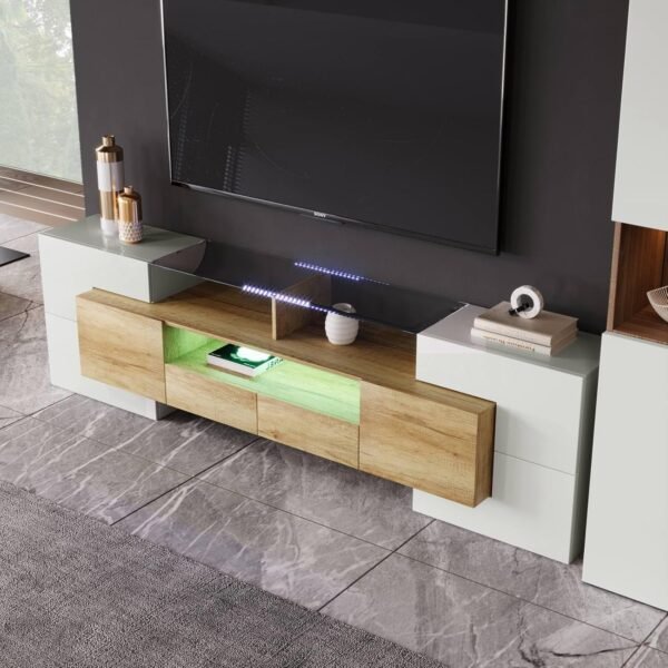 Sweiko Meuble TV bas avec éclairage LED, commode avec beaucoup d'espace de rangement, forme unique avec surfaces en verre, design moderne (blanc brillant et couleur bois) – Image 3