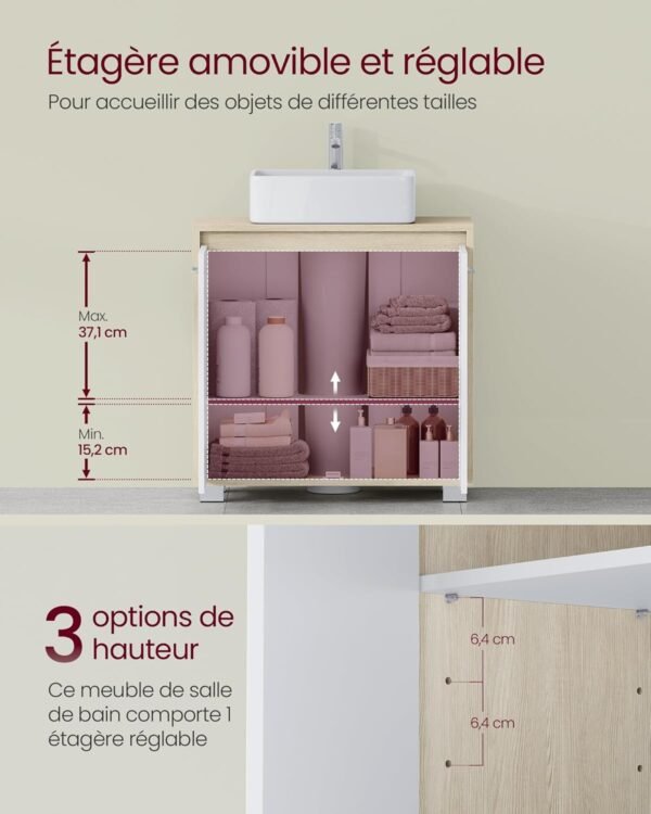VASAGLE Meuble sous Lavabo, Meuble de Salle de Bain, 2 Compartiments derrière Les Portes, pour Divers Types de Lavabos, avec Pieds, 30 x 60 x 60 cm, Beige Naturel et Blanc Nuage BBK506L01 – Image 4