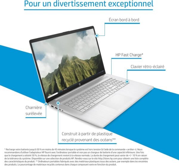 HP Laptop 17-cn2001sf PC Portable 17.3" FHD (Intel Core i3-1215U, RAM 8 Go, SSD 512 Go, AZERTY, Windows 11 Famille) Argent naturel – Image 2