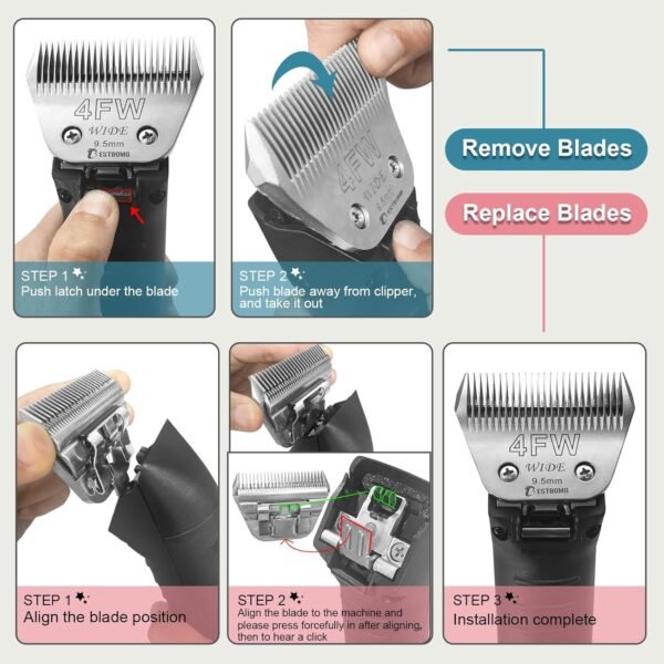 BESTBOMG Lames Larges et Amovibles 4FW pour Le toilettage des Chiens,compatibles avec Les tondeuses Andis,Oster A5,Wahl KM10,Longueur de Coupe 3/8 Pouces (9,5 mm) – Image 6