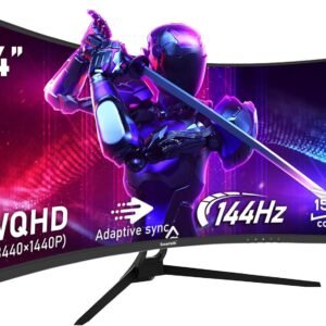 Gawfolk Écran PC Ultra Large 34 Pouces 1500R incurvé 144Hz Gaming Computer Moniteur,21:9 UWQHD(3440x1440),Adaptive Sync，HDR，178 ° Angle Vue，DisplayPort、HDMI，VESA 75 * 75MM-Noir