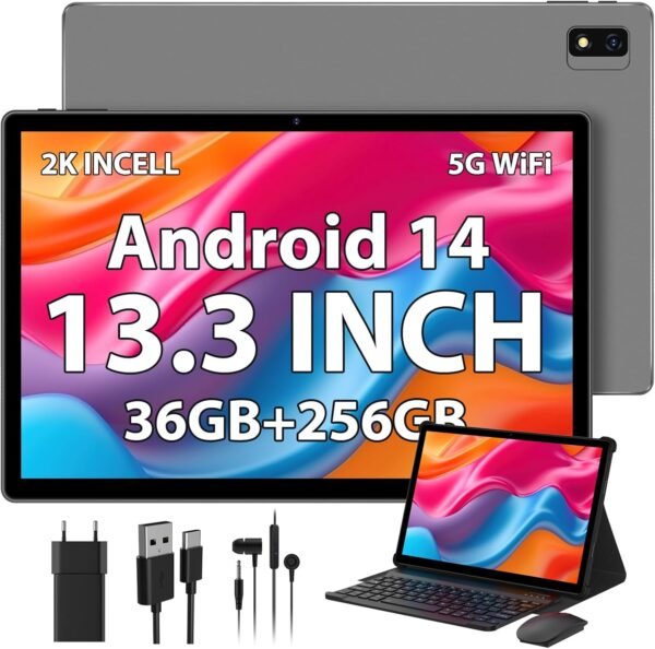 PIXPEAK 2K Tablette 13,3 Pouces, Android 14.0, INCELL 2000 * 1200, 11580mAh/20w, 36GB RAM, 256GB ROM (SD Extensible), 5G WiFi Octa-Core, 13MP+8MP, Tablette avec Clavier ect, Grau (Gris)