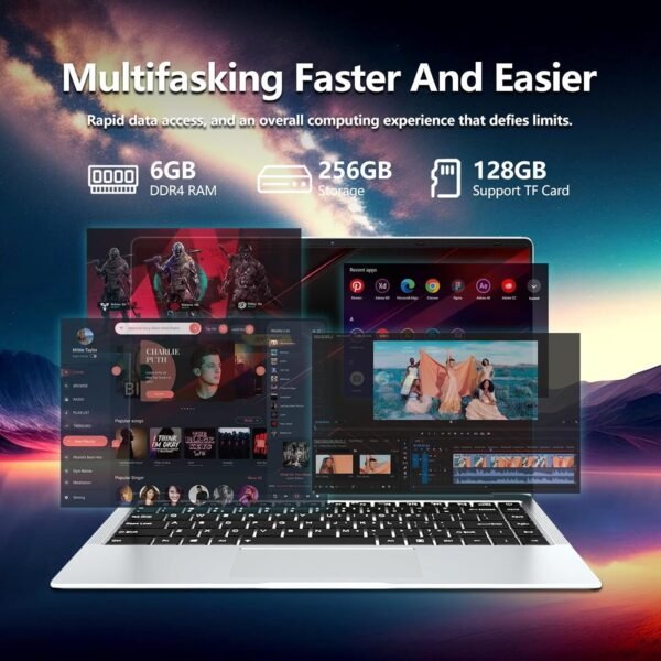 AUKABREX Ordinateur Portable Win 11 Pro OS, 14,1 Pouces PC Portable Celeron N4000 CPU, PC Portable 6Go RAM 256Go SSD, Laptop 180°Flip 1080P IPS Écran, WiFi/USB 3.0/BT4.2/Mini-HDMI/TF Card Slot/Webcam – Image 3