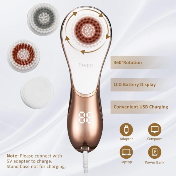 Brosse électrique pour le visage rechargeable IPX-7 étanche rotative pour exfolier, masser et nettoyer en profondeur avec 4 têtes de brosse – Image 5