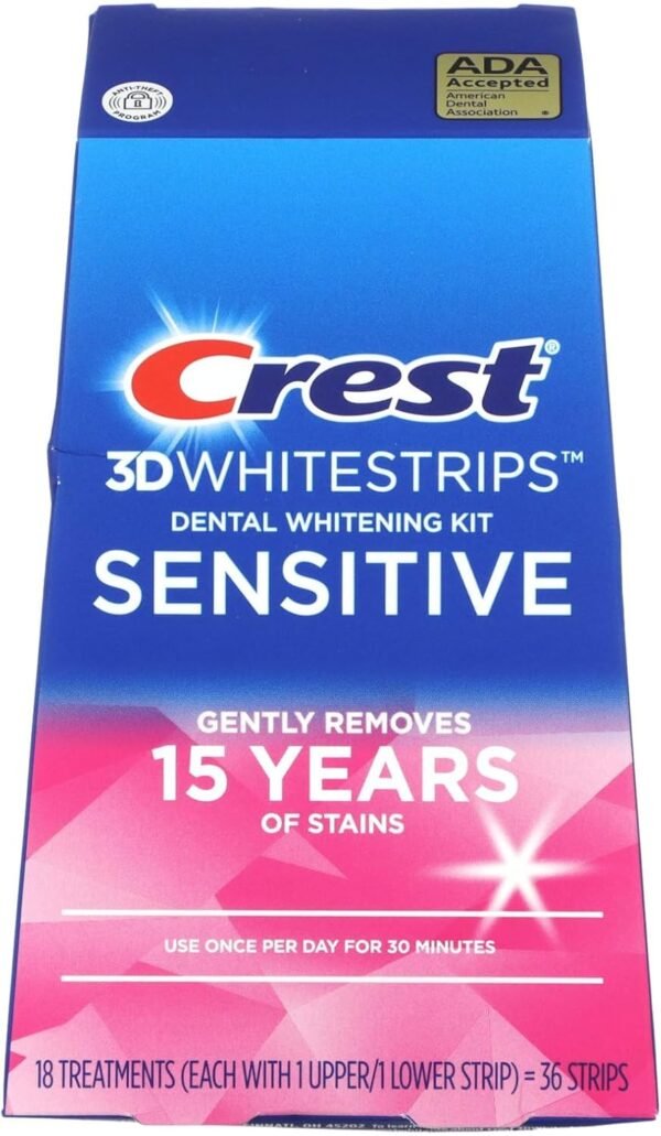 Crest 3D Whitestrips Sensitive At-Home Teeth Whitening Kit, 18 Treatments, Gently Removes 15 Years of Stains
