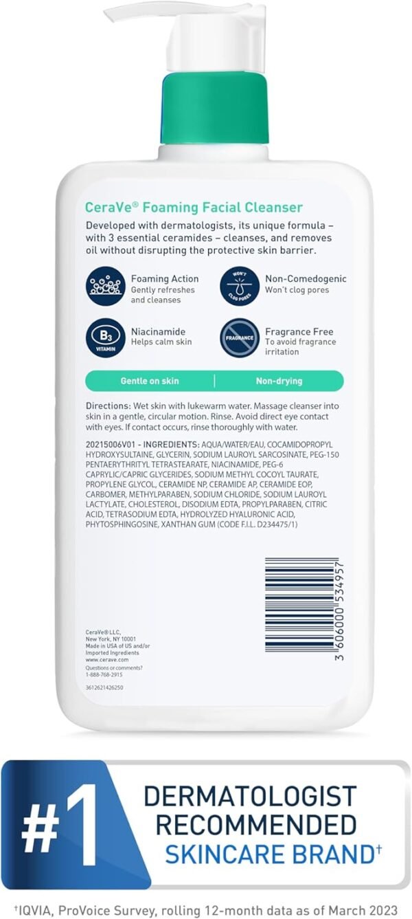 Cerave Nettoyant moussant de visage pour un lavage quotidien du visage Pour Peaux Normales à Grasses 453,6 g – Image 8