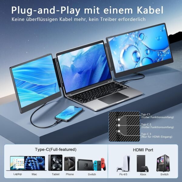 Laptomo Extension d'écran pour Ordinateur Portable,14" 1080P,Triple Moniteur,Moniteur Portable, Plug & Play Extension de Moniteur, pour Win/Dex/Android/Mac – Image 3