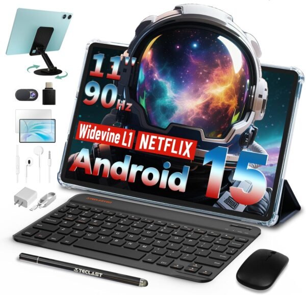 TECLAST P50Case Android 15 Tablette 11 Pouces Écran 90Hz, tablette 128gb ROM(Extensible Jusqu'à 2To), Tablette Tactile avec 2.0GHz Octa-Core CPU, 7000mAh/BT5/GPS/OTG, Tablette avec Clavier+Crayon+étui