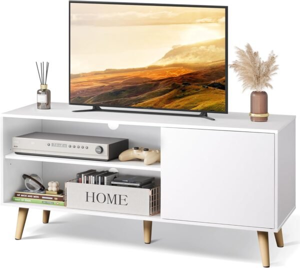 WLIVE Meuble TV Blanc Support pour Téléviseur Jusqu à 55 Pouces, Banc TV Meuble TV Haut avec Étagères Réglables, Meuble TV 120 cm Longueur Style Rustique Marron Rustique pour Salle à Manger, Chambre