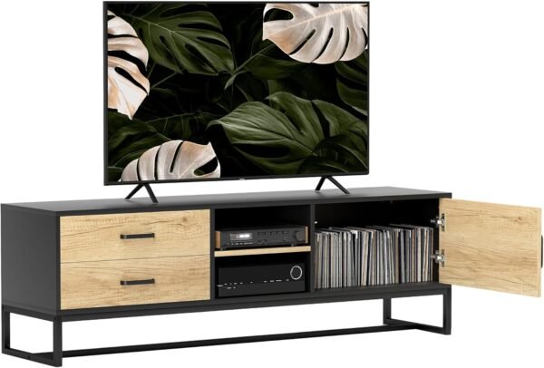 HOMCOM Meuble TV Meuble télé Bois Banc TV pour téléviseur jusqu'à 60 Pouces avec Placard, Compartiments Ouverts, 2 tiroirs, étagère réglable et Passe-câbles pour Salon Chambre à Coucher, Bois Naturel