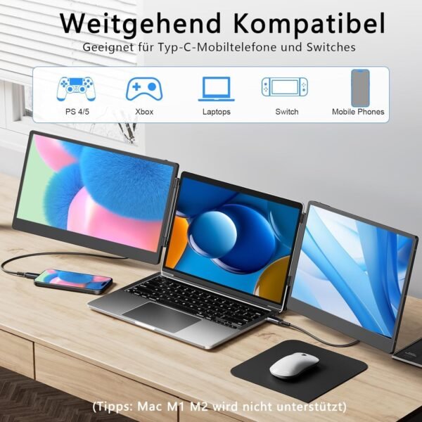 Laptomo Extension d'écran pour Ordinateur Portable,14" 1080P,Triple Moniteur,Moniteur Portable, Plug & Play Extension de Moniteur, pour Win/Dex/Android/Mac – Image 4