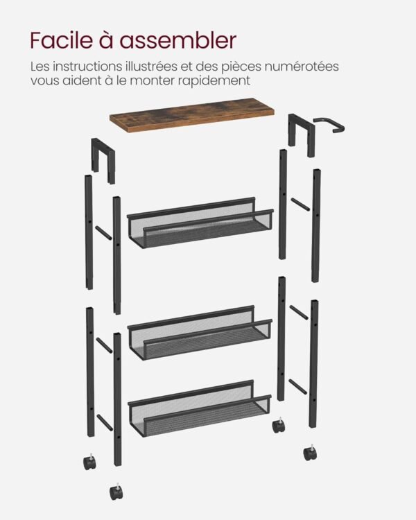 VASAGLE Desserte 4 Niveaux, Étagère de Cuisine Fin avec roulettes, Cadre en Acier, Poignée, Petit Espace, 13 x 45,4 x 77 cm, Salle de Bain, Salon, Bureau, Marron Rustique et Noir LRC032B01V1 – Image 9