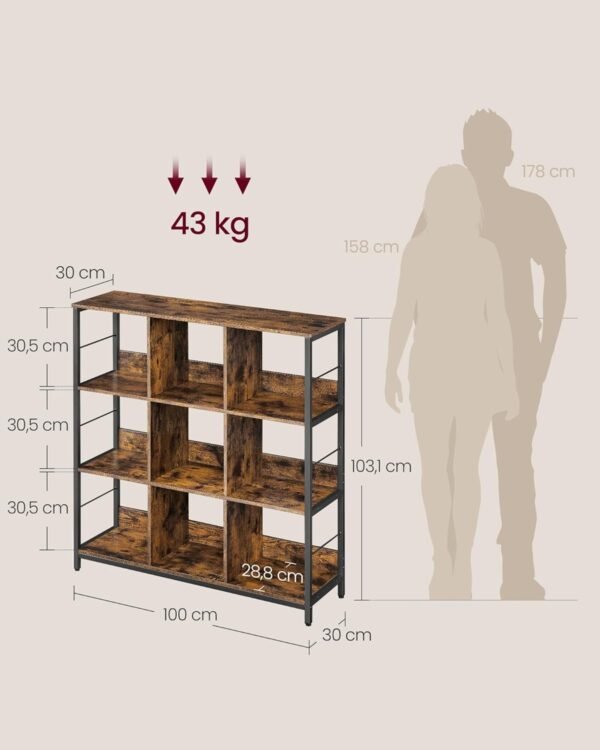 VASAGLE Meuble de Rangement 3 Niveaux, ÉtagÈre Rangement, BibliothÈque Style Industriel, 9 Cubes, pour Salon, Bureau, EntrÉe, Cuisine, 30 x 100 x 103,1 cm, Marron Rustique et Noir LLS112B01 – Image 3