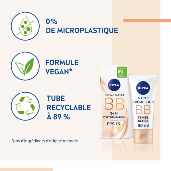 NIVEA - BB Crème 5 En 1 Teinte Claire - Crème Visage FPS 15 - Hydratation 24H - Réduit Imperfections & Signes De Fatigue - Huile De Jojoba Bio & Pigments Minéraux - Vegan - Tous Types De Peaux - 50 ml – Image 5