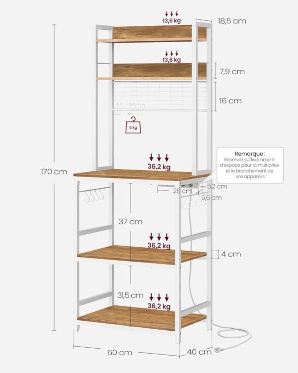 VASAGLE Étagère de Cuisine avec Multiprise, Support pour Micro-Ondes, Étagère de Rangement, avec Panneau Grillagé, 14 Crochets, 40 x 60 x 170 cm, Noisette Clair et Blanc KKS037W41EU – Image 3