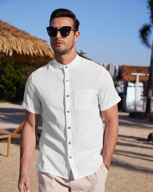 YAOBAOLE Chemise Lin Homme Manche Courte Boutons Col Mao Casual Chemise Été Leger Plage Classique Traditionnelle Unicolore – Image 2