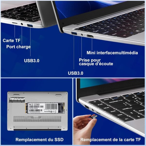 NOTODD Ordinateur Portable 14 Pouces Win11 Pro 6 Go RAM+256 Go Soutien Extension SSD 1TB(TF 1TB) 5000mAh PC Portable Celeron N4020 Laptop avec 1080P Mini HDMI Souris sans Fil & AZERTY Membrane-Argent – Image 7