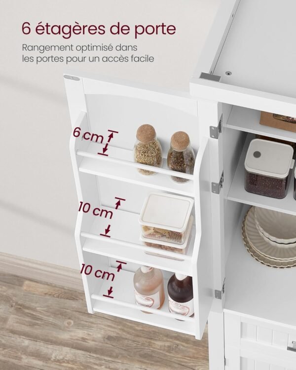 VASAGLE Buffet Haut Cuisine, Meuble de Rangement, Armoire, Vaisselier, Hauteur 182,1 cm, avec Tiroir, Placards, Étagères Réglables, pour Salon, Cuisine, Blanc BBC561W21 – Image 5