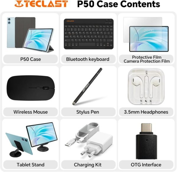 TECLAST P50Case Android 15 Tablette 11 Pouces Écran 90Hz, tablette 128gb ROM(Extensible Jusqu'à 2To), Tablette Tactile avec 2.0GHz Octa-Core CPU, 7000mAh/BT5/GPS/OTG, Tablette avec Clavier+Crayon+étui – Image 7