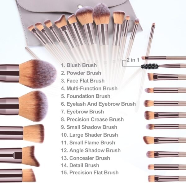 HEYMKGO Pinceaux Maquillages, Lot de 15 Set Pinceaux Maquillage Professionnel avec Trousse en Cuir PU, Kit Pinceau Maquillage Champagne Doré Trousse Makeup Brushes pour Fond de Teint Mélange de Poudre – Image 5