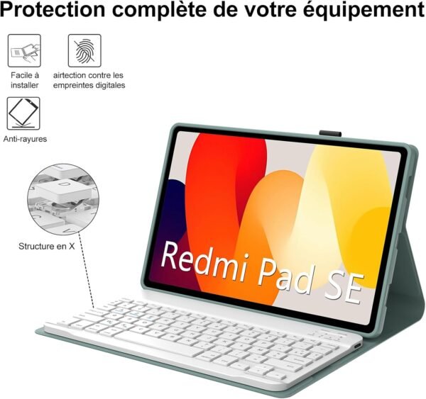 IVEOPPE Coque Clavier Redmi Pad SE 11 Pouces, Coque en Cuir avec Clavier Bluetooth Magnétique Amovible AZERTY Français pour Xiaomi Redmi Pad SE 11" 2023, Vert foncé – Image 6