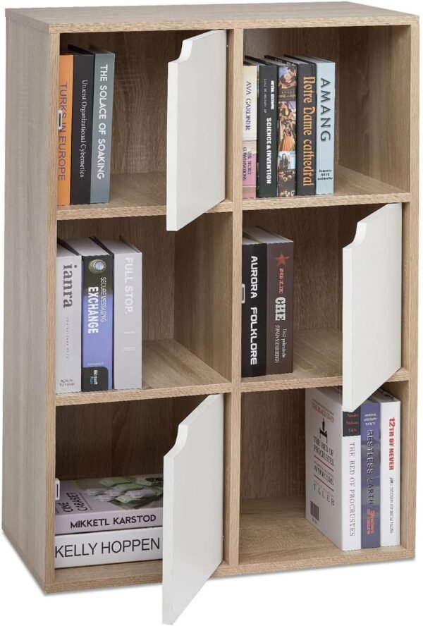Mondeer Étagère de Rangement, Bibliothèque avec 6 Cubes Moderne en Bois Inclus 3 Portes et 3 Ouvertes, pour Salon ou Bureau, 60 D x 30 W x 90 H cm, Blanc et Chêne – Image 4