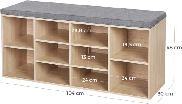 VASAGLE Banc à Chaussures, Banc de Rangement avec Coussin Rembourré, 10 Compartiments, Étagères Réglables, pour Salon, Couloir, 30 x 104 x 48 cm, Couleur Boisée et Gris LHS10NL – Image 3