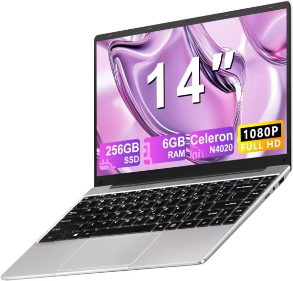NOTODD Ordinateur Portable 14 Pouces Win11 Pro 6 Go RAM+256 Go Soutien Extension SSD 1TB(TF 1TB) 5000mAh PC Portable Celeron N4020 Laptop avec 1080P Mini HDMI Souris sans Fil & AZERTY Membrane-Argent
