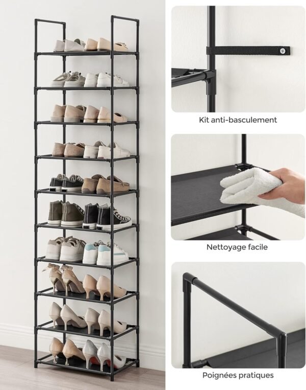 SONGMICS Étagère à Chaussures, 10 Niveaux, Rangement de Chaussures, étroit, 28 x 45 x 173 cm, Structure en métal, étagères en Tissu Non tissé, pour Couloir, Chambre à Coucher, Noir LSH010B02 – Image 7