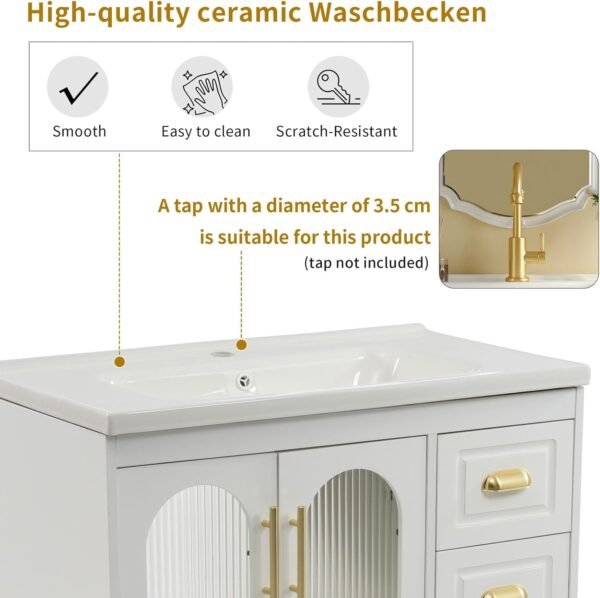 Meuble De Salle De Bain avec 4 Tiroirs Et 2 Porte Vitrée, Étagères Réglables, Meuble sous Vasque Simple 80 cm Vasque en Céramique, Poignée Dorée, Blanc – Image 8