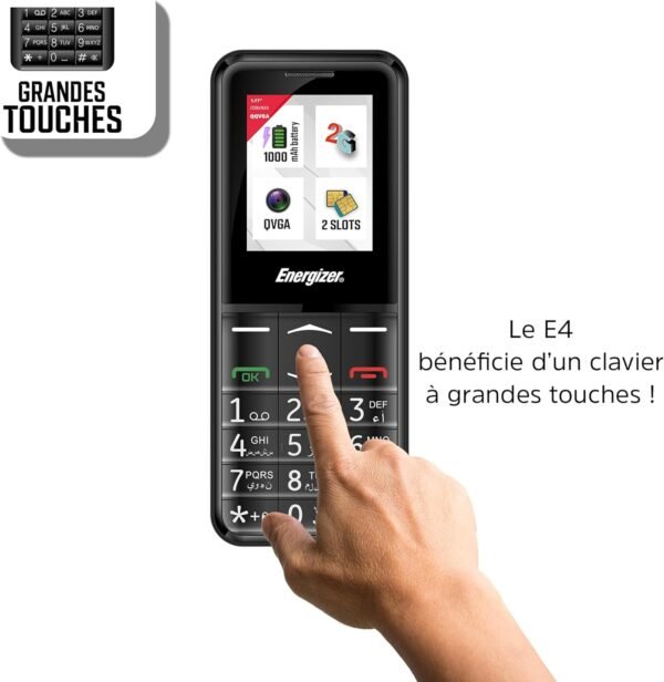 Energizer - Mobile E4 - Téléphone Senior Débloqué 2G - Bouton SOS - Batterie 1000 mAh - Clavier à Touches AR - Double Sim - Torche - Chargeur UK – Image 5