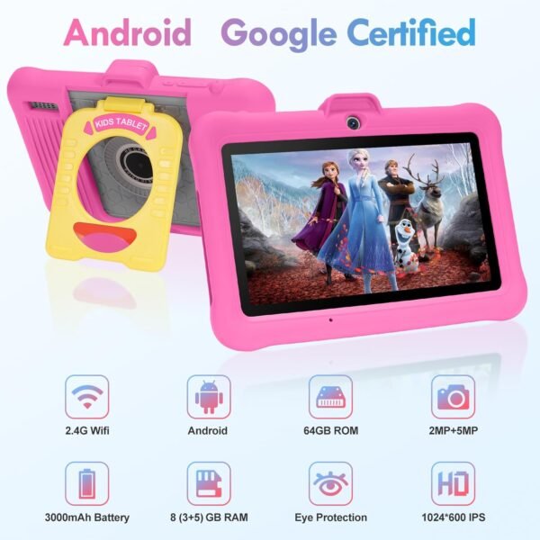 TABTIVI Tablette Enfants 7 Pouces Android, RAM 8 (3+5) Go, ROM 64 Go (TF 128 Go), GMS Certified, Apps Pré-Installé, Éducative, Contrôle Parental, WiFi, Kid-Proof Étui avec Support réglable (Rose) – Image 2