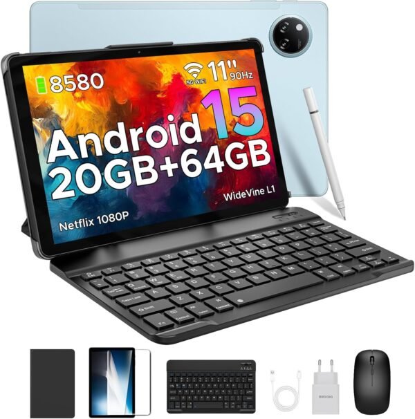 DOOGEE Tablette Tab A9+ Android 15 avec 5G Wi-FI, 20GB RAM+64GB ROM(2TB TF), 11 Pouces Tablette Tactile avec Widevine L1 8580mAh, 13MP+8MP, Tablette avec Clavier 90Hz/ Octa-Core/ BT5.0/ GPS- Bleu